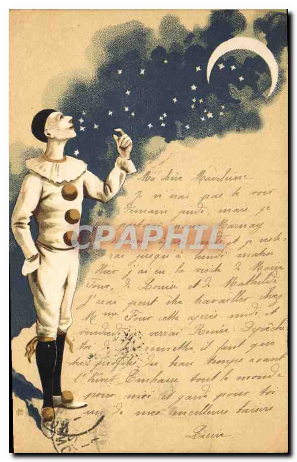 CPA Fantaisie Lune Pierrot TOP