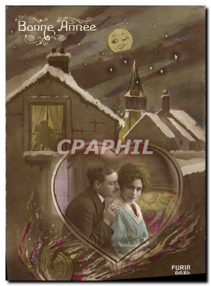 CPA Fantaisie Lune Femme Bonne annee Coeur 