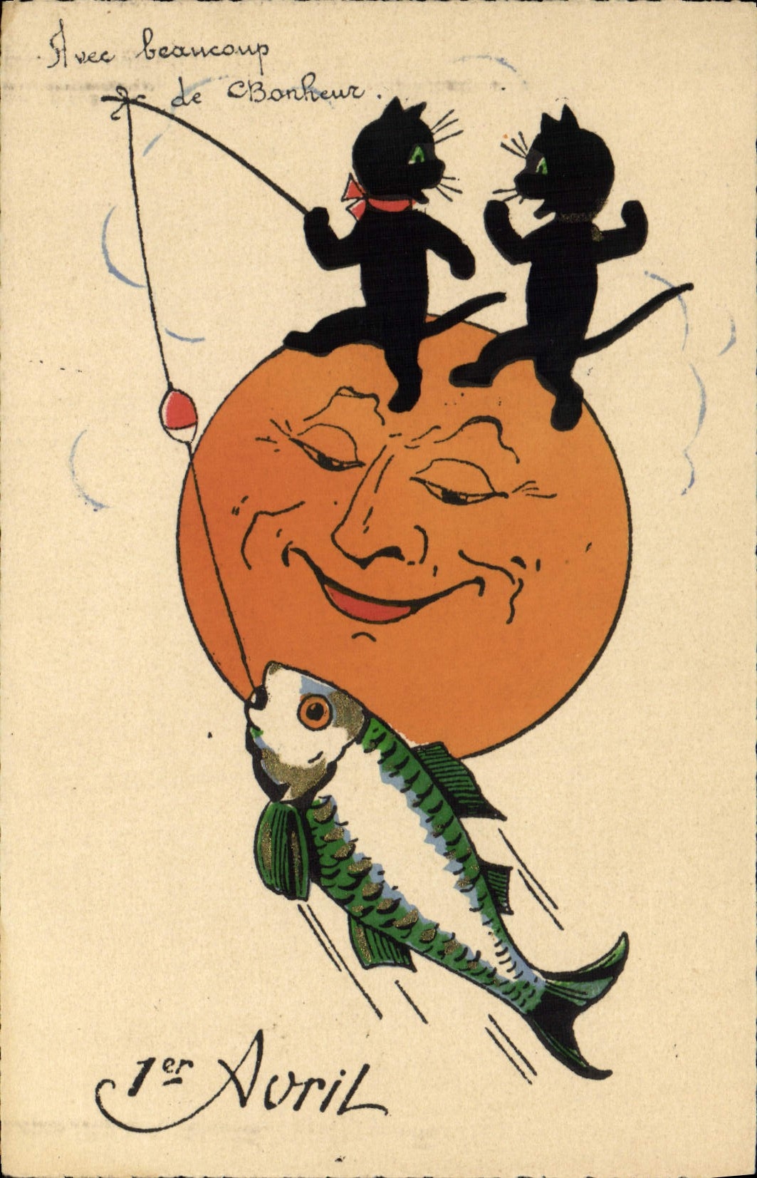 CPA Fantaisie Lune Chats Poisson