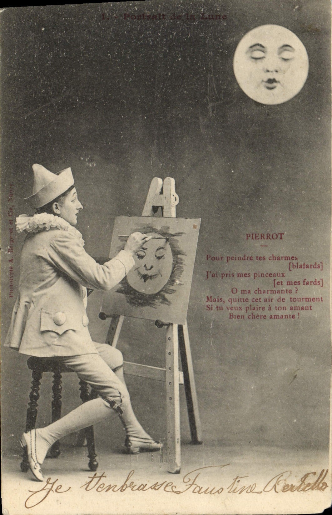 CPA Fantaisie Lune Portrait de la lune Pierrot