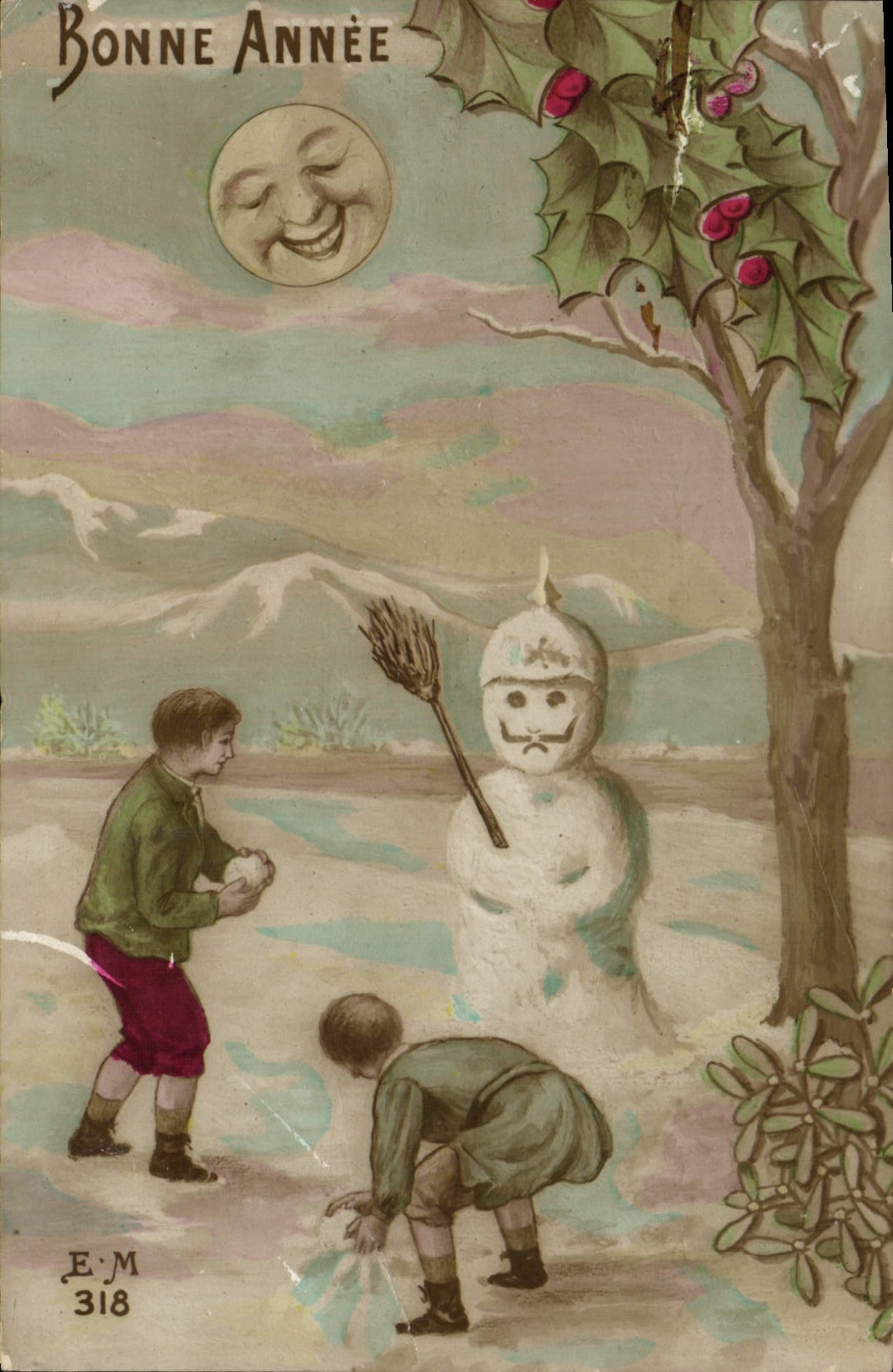 CPA Fantaisie Lune Enfant Bonhomme de neige Soldat Militaria