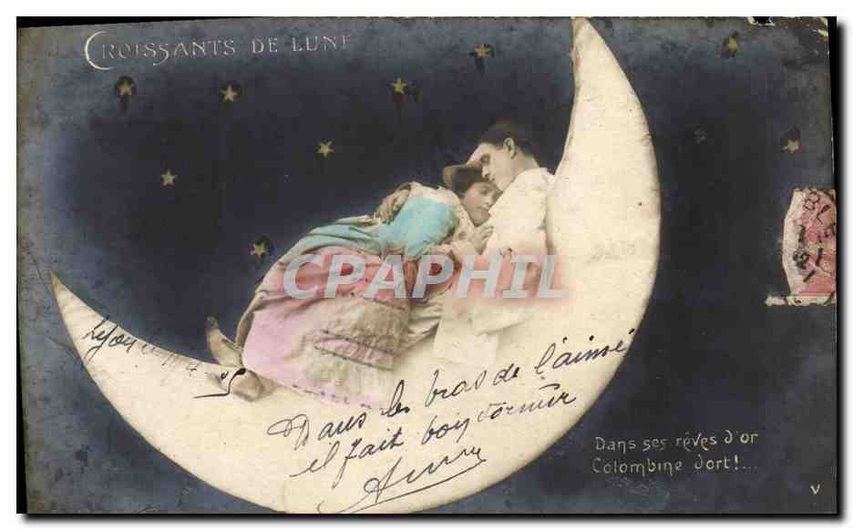 CPA Fantaisie Lune Femme Croissants de lune