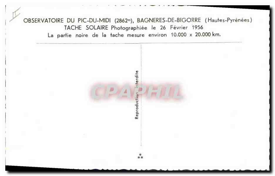 CPM Observatoire du Pic du Midi Bagneres de Bigorre Tache solaire 1956 — Rückseite