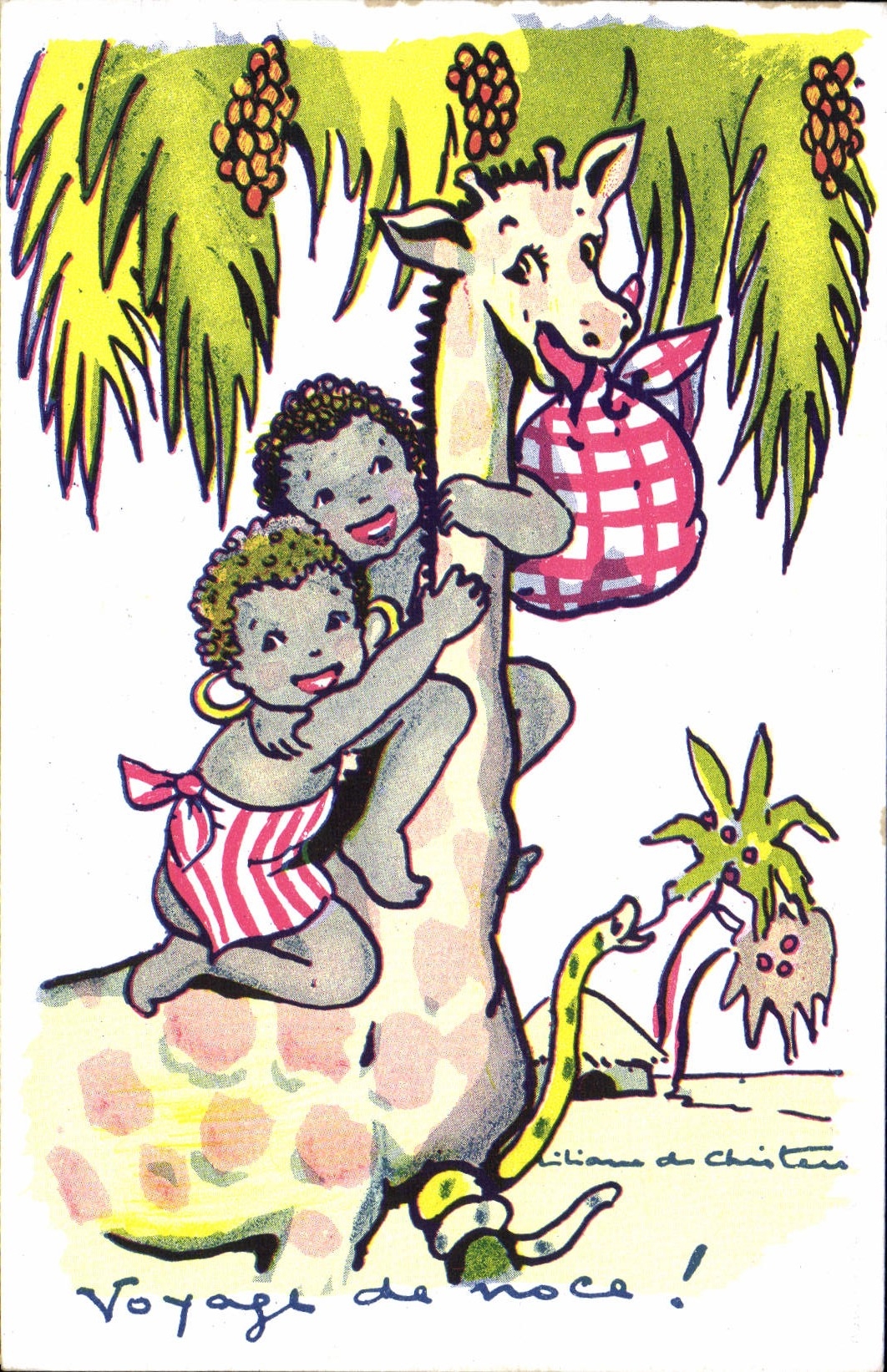 Enfants sur girafe — Voyage de noces ! — Édition Bellecour, Lyon