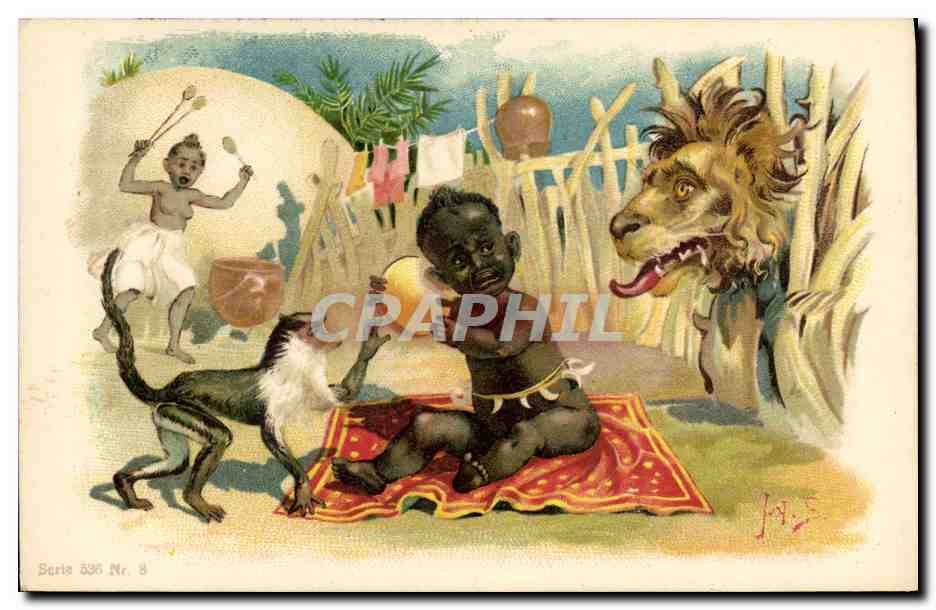 CPA Negre Enfant Noir Singe Lion