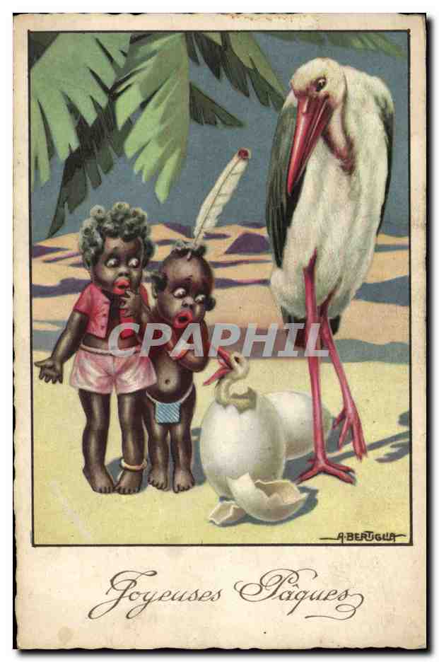 CPA Negre Enfant Noir Cigogne Paques 