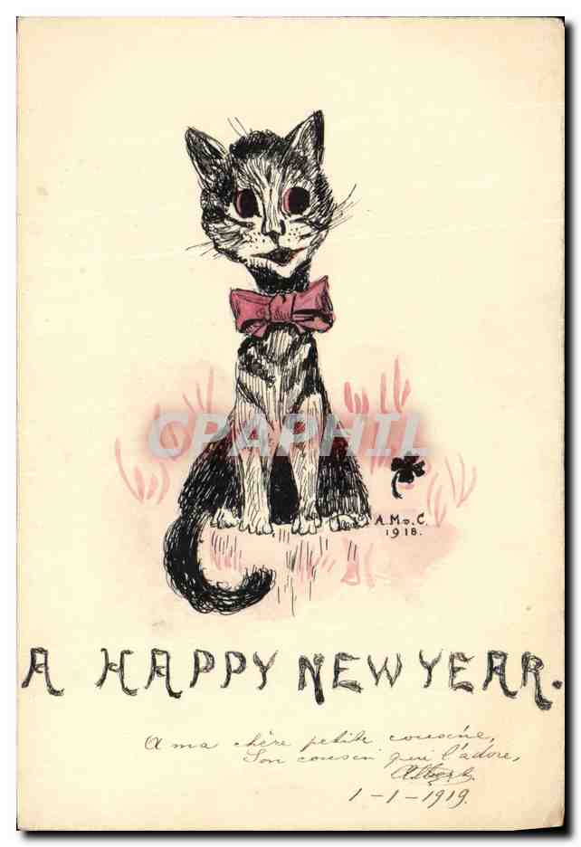 CPA (dessin a la main) Chat Happy New Year
