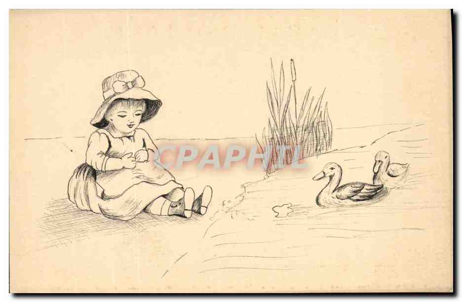 CPA (dessin a la main) Enfant Canards