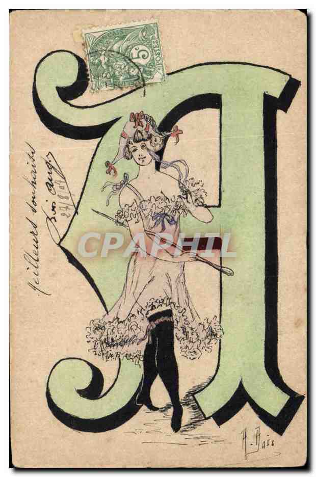 Femme dans une grande lettre 'F' — illustration de H. Pase — éditeur non visible