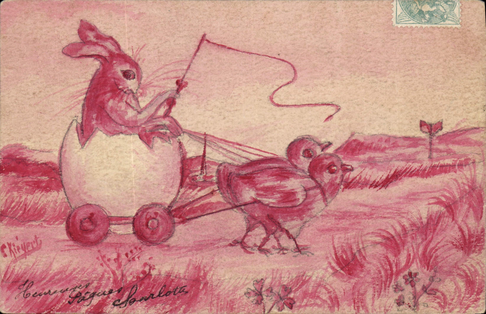 CPA (dessin a la main) Lapin Poussin