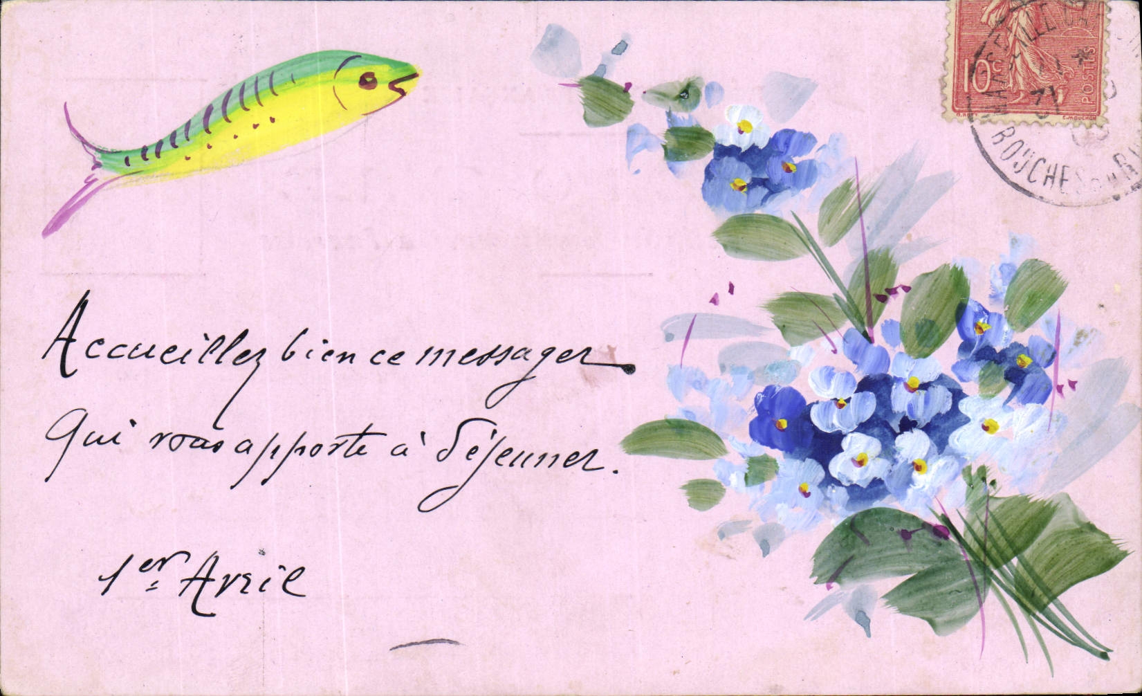 CPA (dessin a la main) Poisson Fleurs