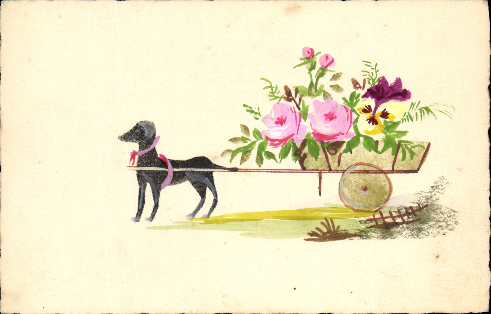 CPA (dessin a la main) Fleurs Chien