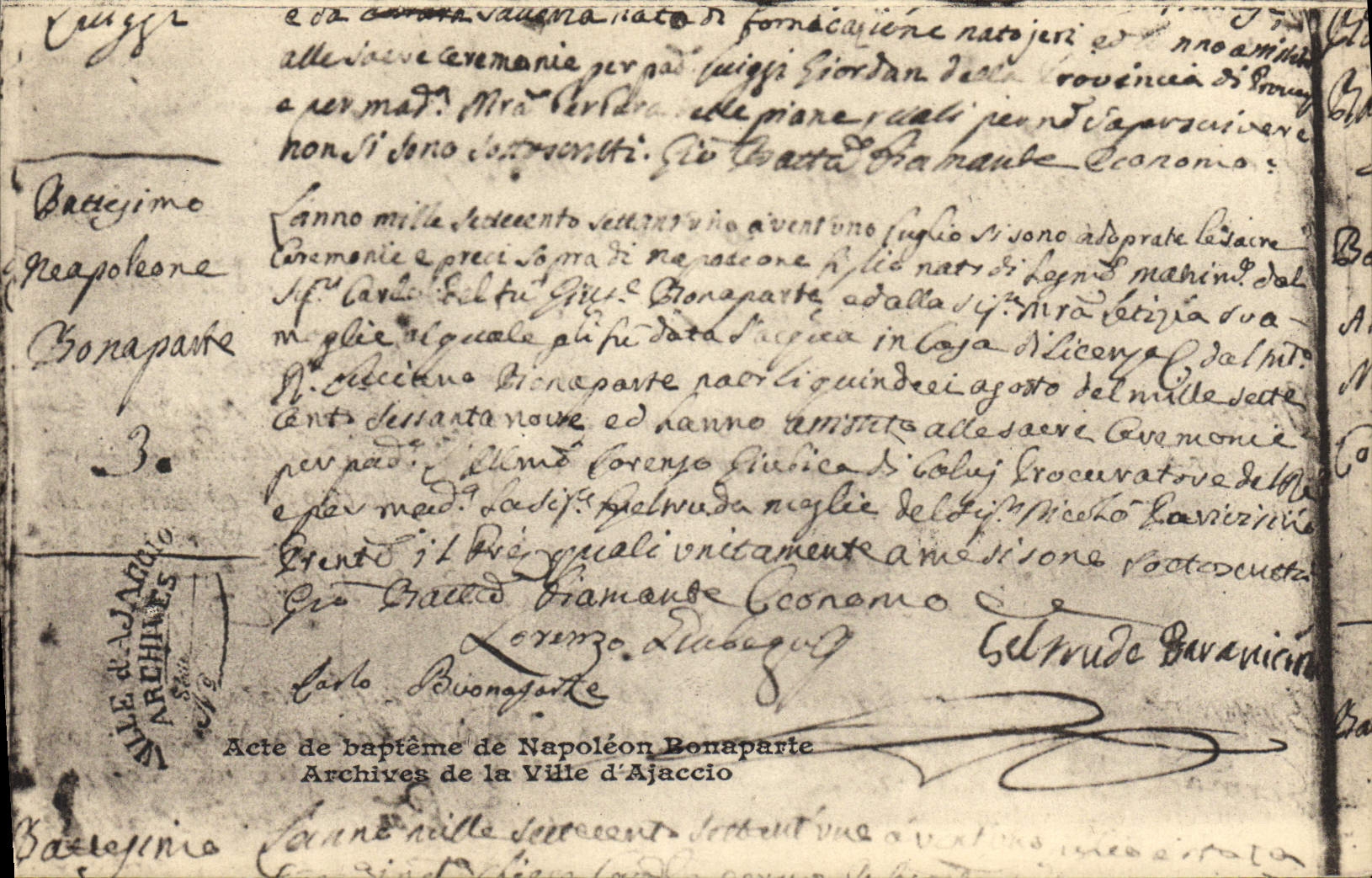 CPA Napoleon 1er Acte de bapteme de Napoleon Bonaparte Ajaccio