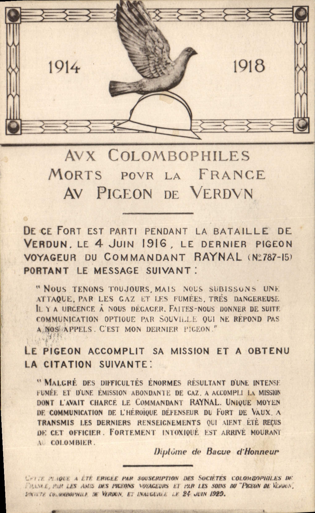 Fort de Vaux — Pigeon voyageur Commandant Raynal — Société Colombophile de Verdun