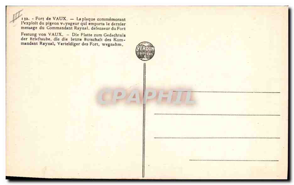 Fort de Vaux — Pigeon voyageur Commandant Raynal — Société Colombophile de Verdun — Verso