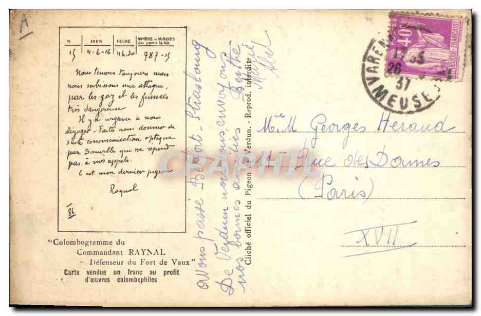 CPA Colombe Colombophilie Colombogramme du commandant Raynal Militaria — Rückseite