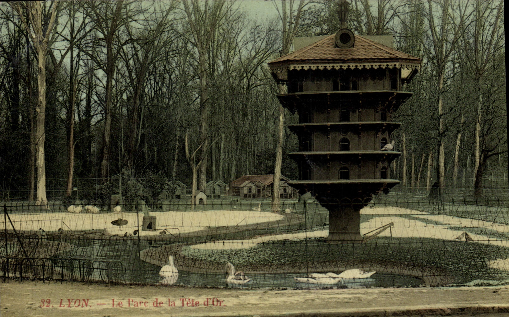 LYON — Le Parc de la Tête d'Or — Tour en bois au bord d'un étang avec canards