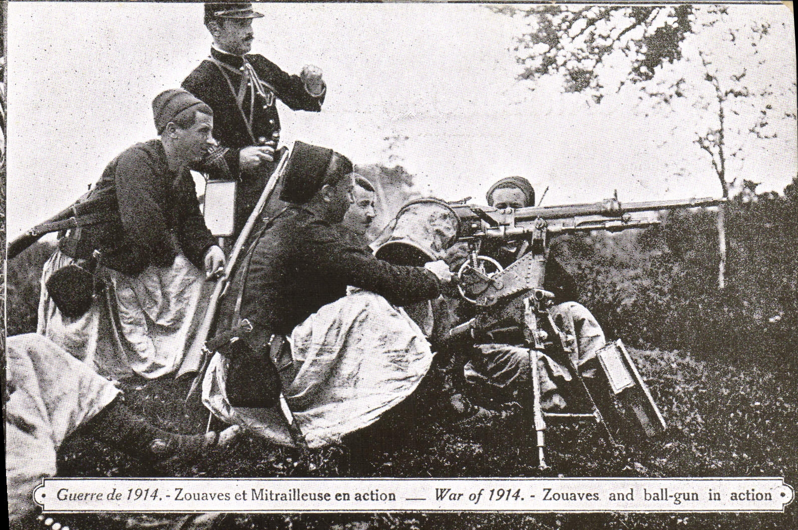 Guerre de 1914 - Zouaves et mitrailleuse en action — P. Schneider & Cie, Gray, Imp.
