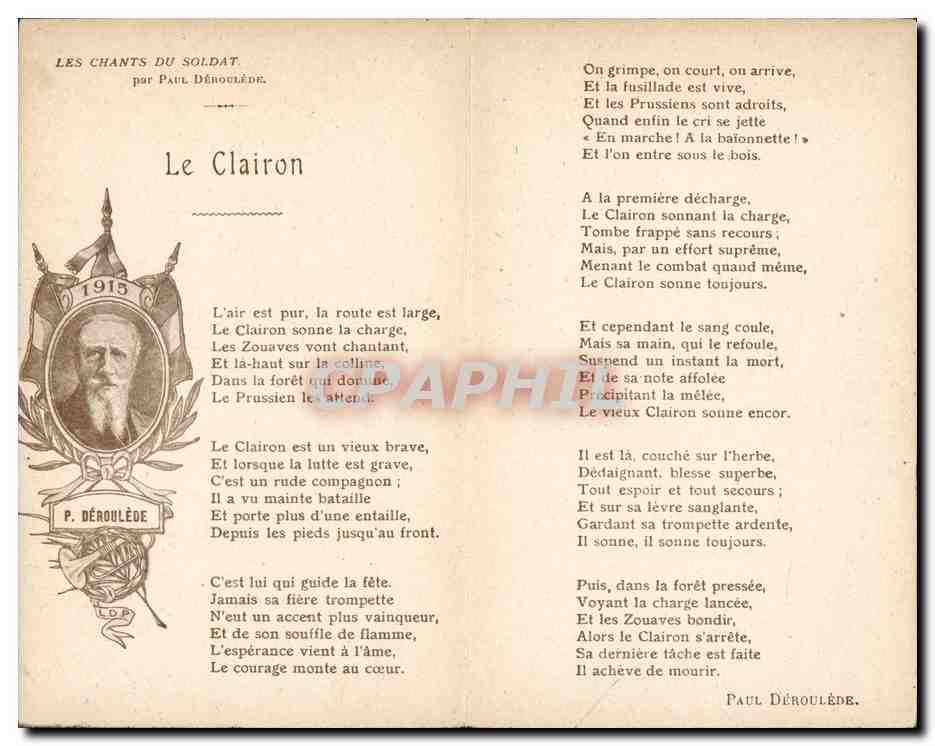 Le Clairon — Les Chants du Soldat — par Paul Déroulède, éd. Lapina, n° 704 099 — Verso