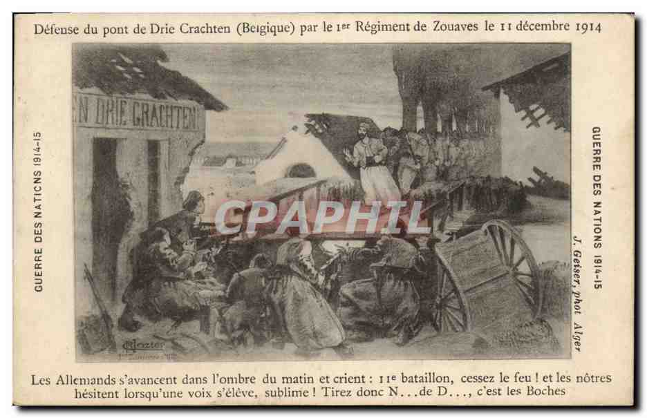 CPA Militaria Defense du pont de Drie Crachten par le 1er regiment de Zouaves