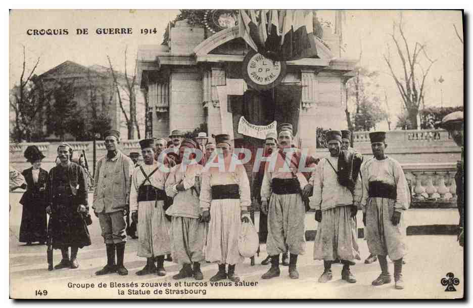 Groupe de Blessés zouaves et turcos venus saluer la Statue de Strasbourg — Croquis de Guerre 1914, n°149