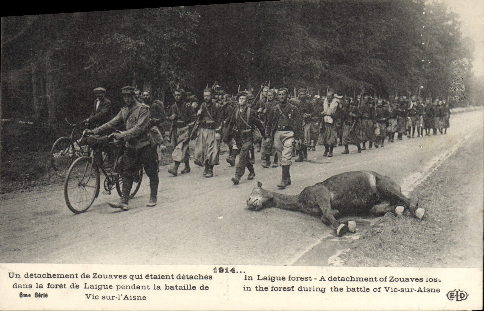Détachement de Zouaves dans la forêt de Laigue pendant la bataille de Vic-sur-Aisne — 6me Série — Éditeur E.P.D.