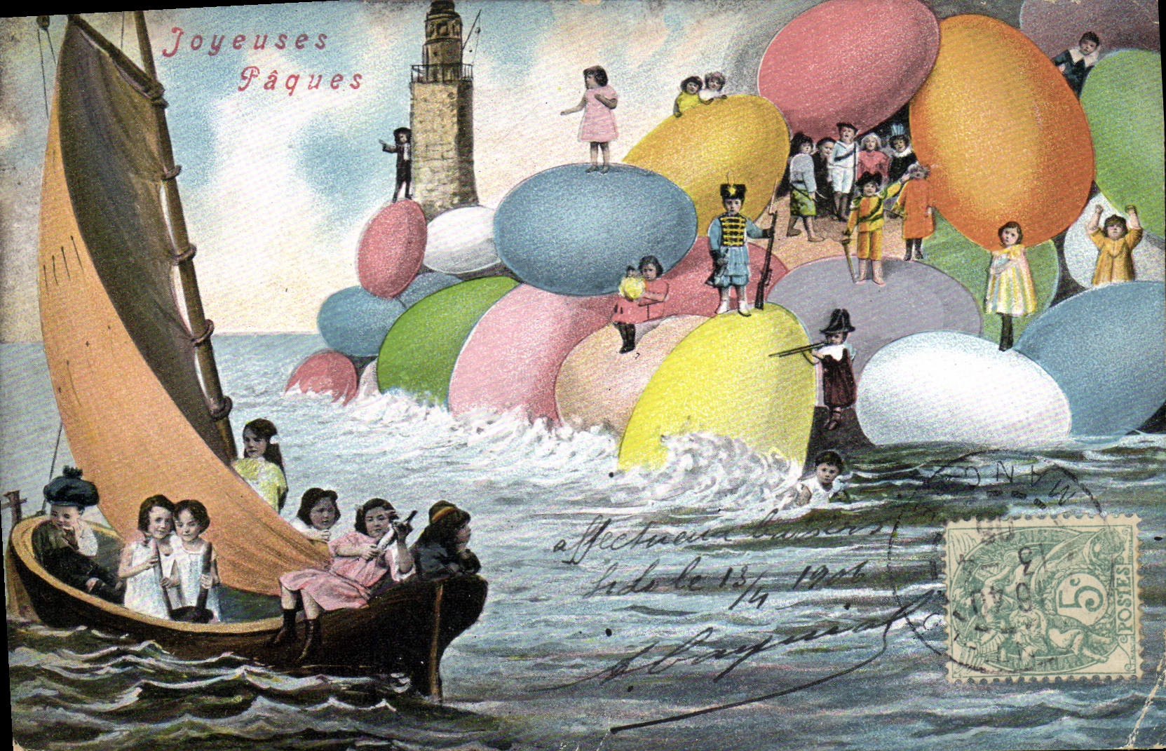 CPA Fantaisie Enfant Bebe Joyeuses Paques Bateau