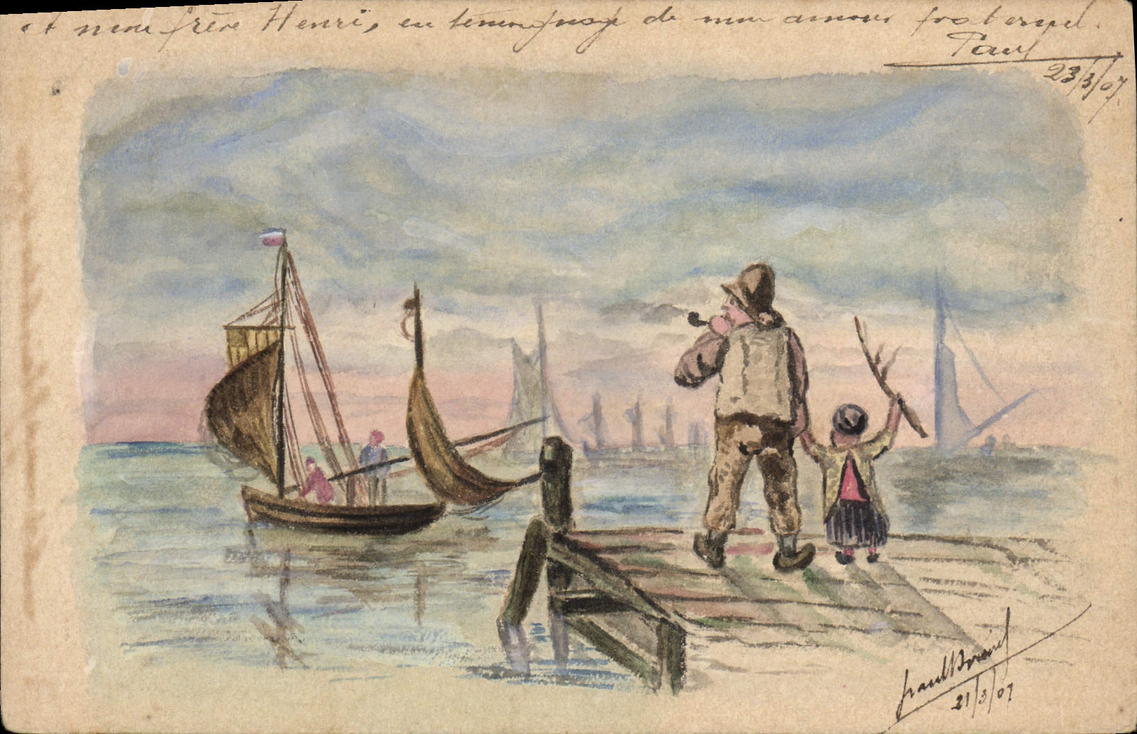 Paysage marin — pêcheurs et enfant sur quai — Paul Léonard, n° 21/3/07