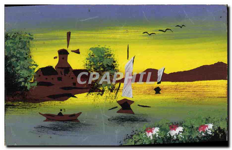 Paysage fluvial avec moulin et voile — illustration stylisée — T. Peruke Otam