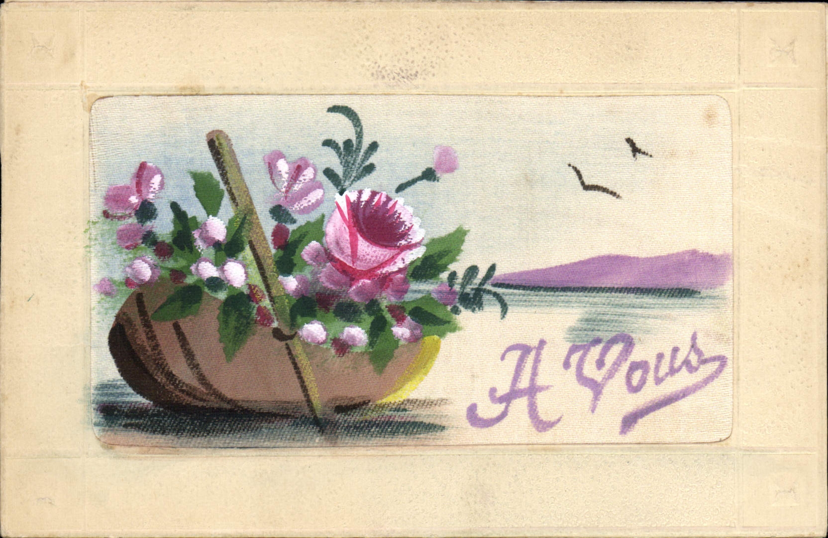 Bateau à fleurs — paysage lacustre — A Vouz