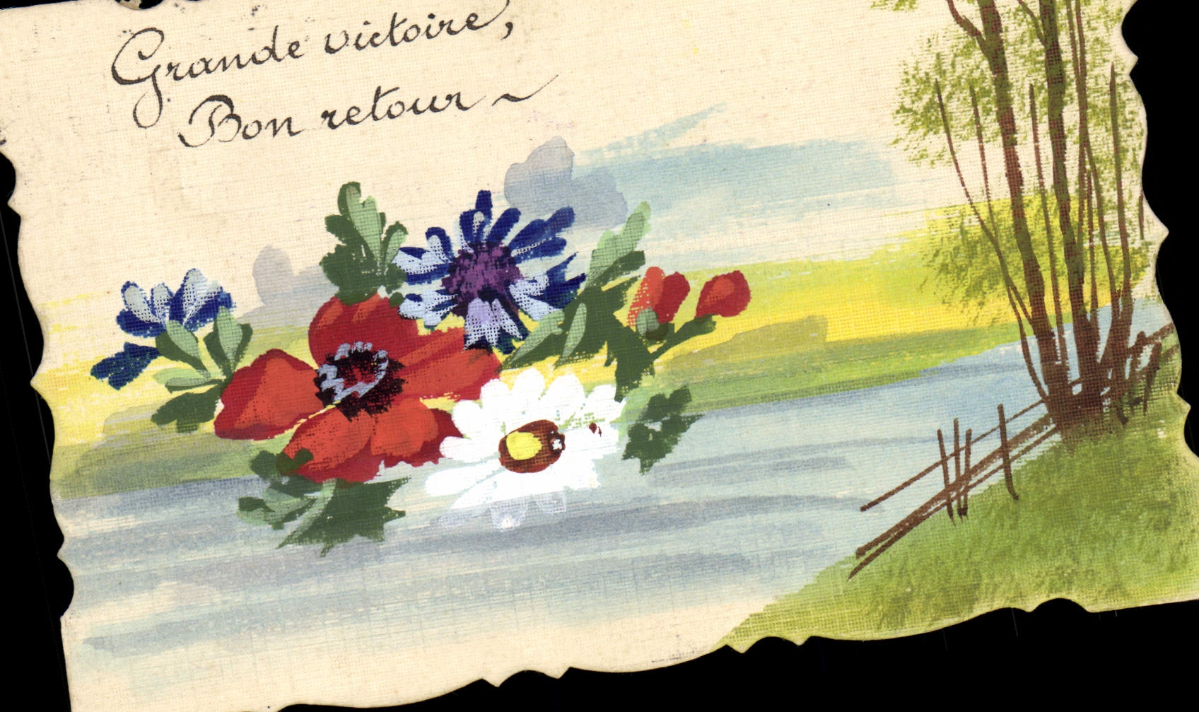 Fleurs et paysage — 'Grande victoire, Bon retour' — Carte postale - Anverso