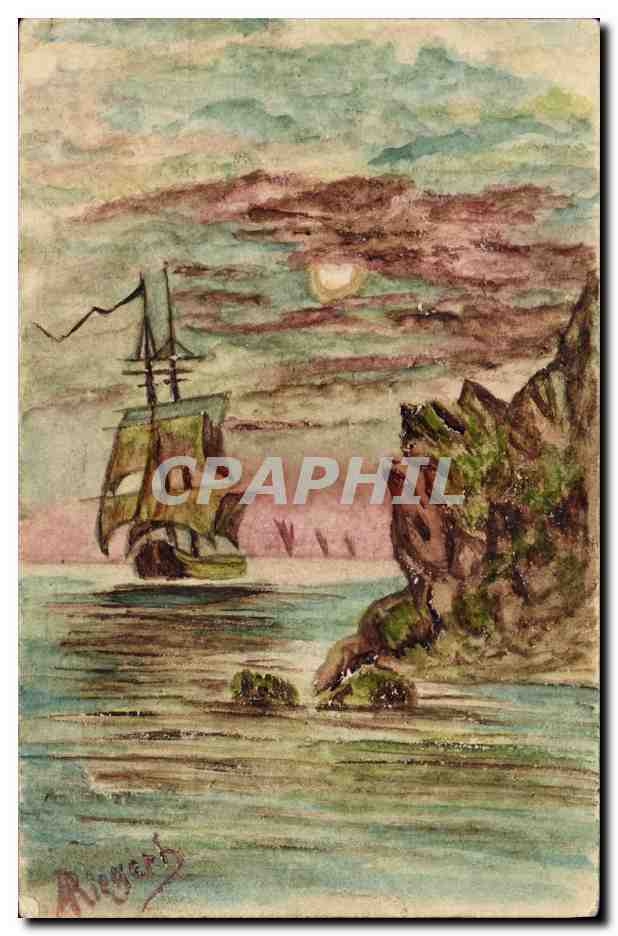 Navire à voile au coucher du soleil — paysage marin — dessin de Roger