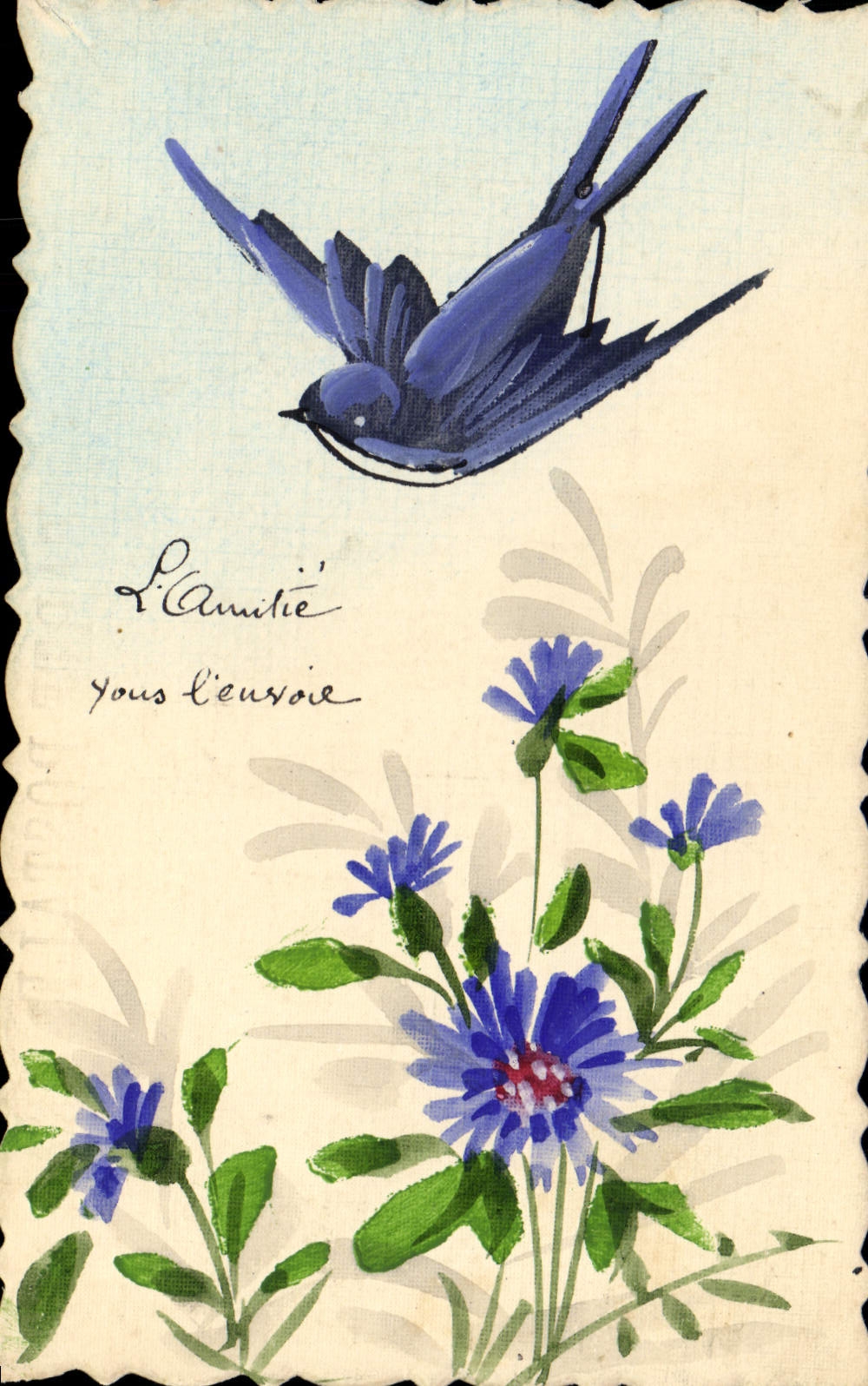 Oiseau bleu et fleurs — L'amitié vous l'envoie — Carte postale - Anverso