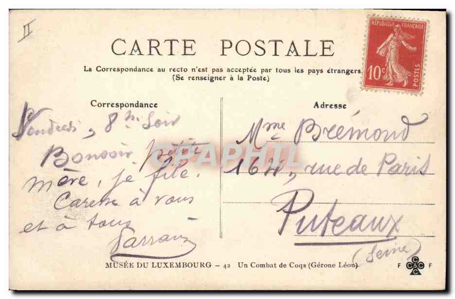 CPA Coq Musee du Luxembourg Paris Un combat de coqs Gerone Leon  — Rückseite