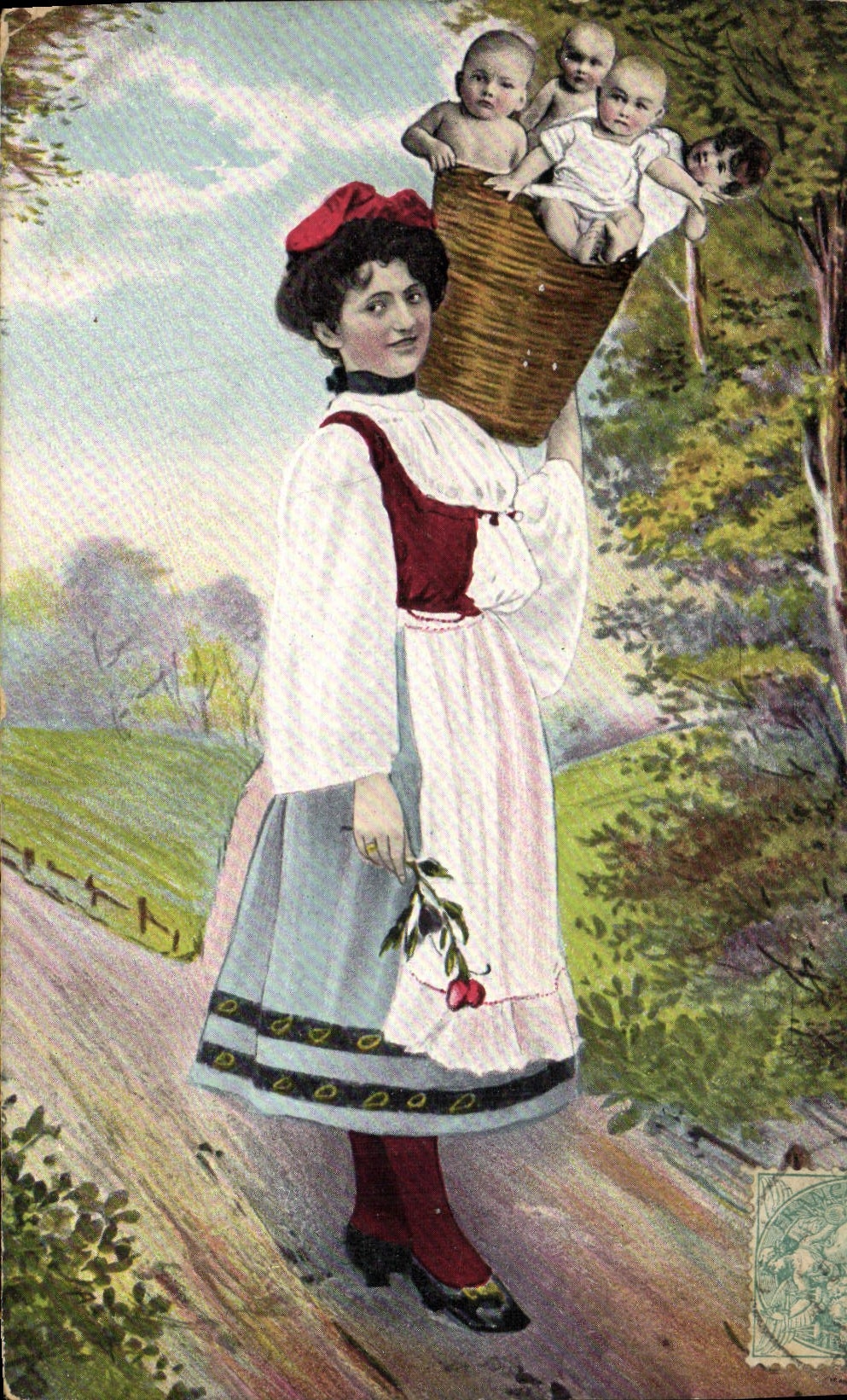 Femme portant un panier de bébés — scène bucolique — K.V.I.B. 12.F. Série 725