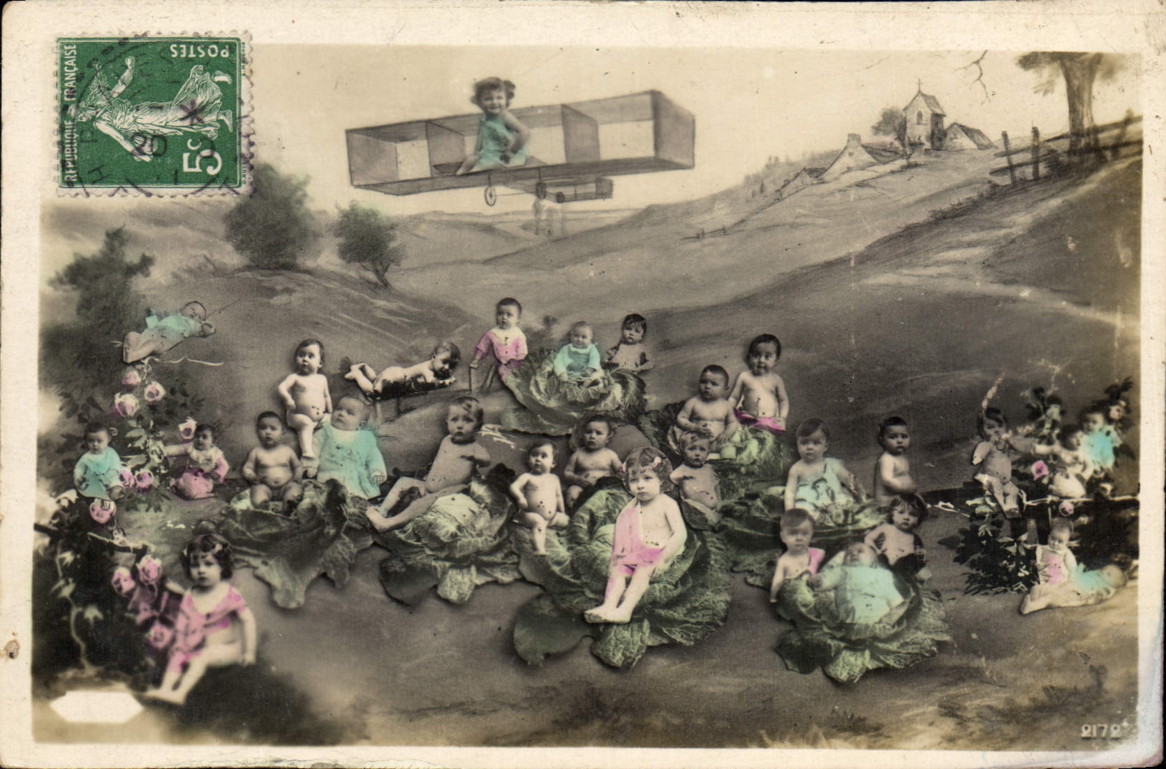 Enfants assis sur des choux — avion en vol — éditeur anonyme, n° 21792