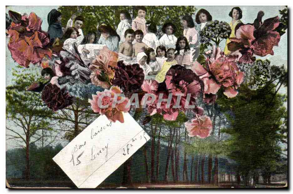 Fleurs et enfants — collage décoratif — éditeur inconnu, série 408