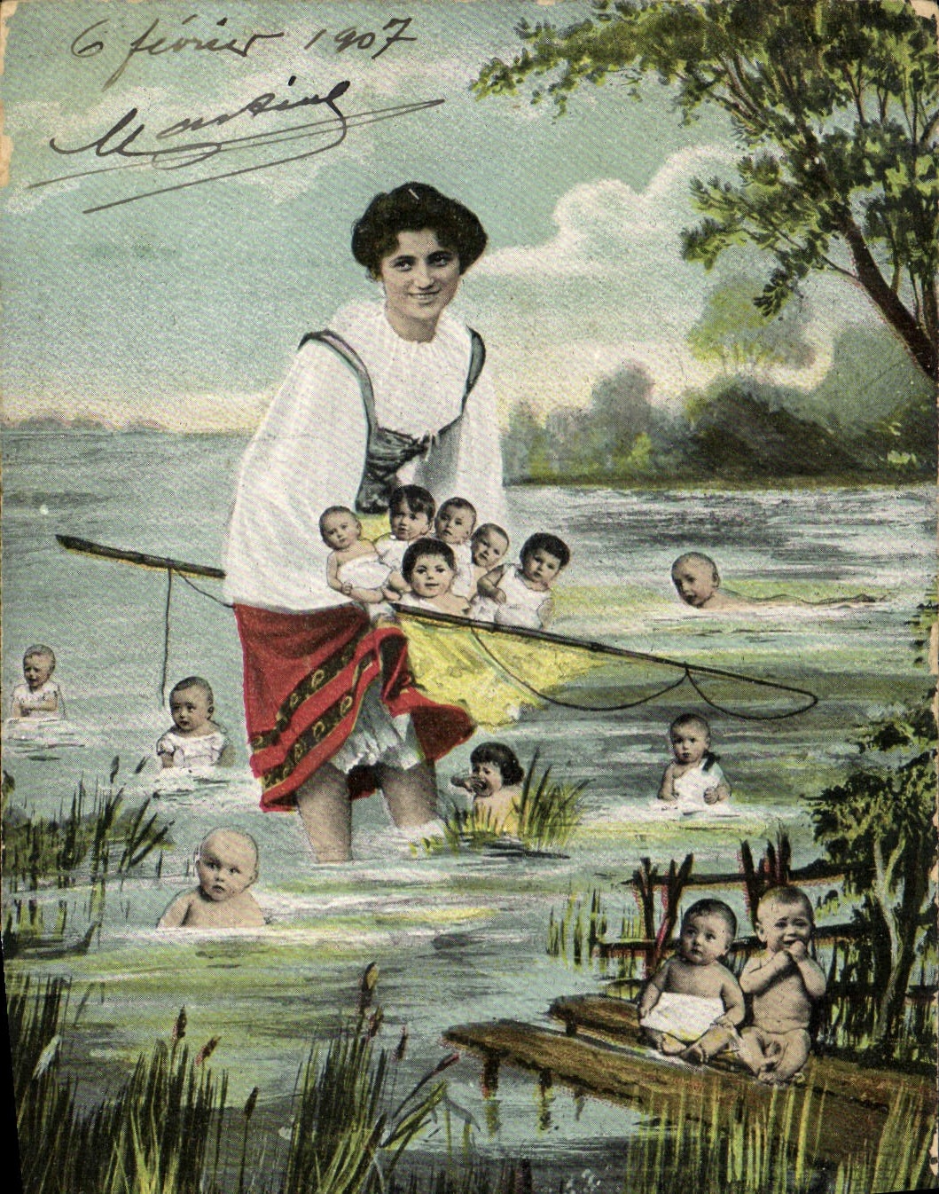CPA Fantaisie Enfants Femme Peche 