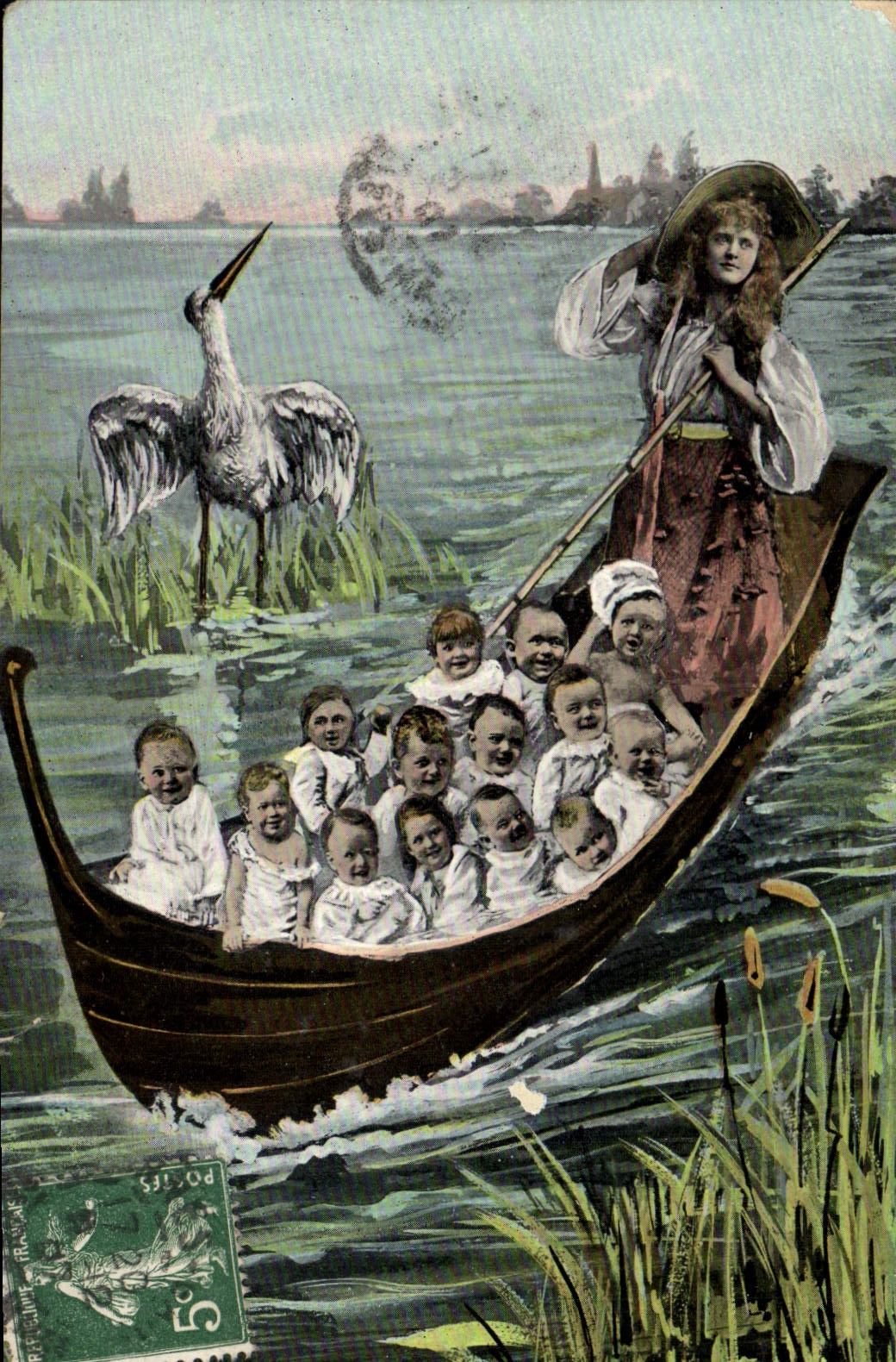 CPA Fantaisie Enfants Gondole Cigogne