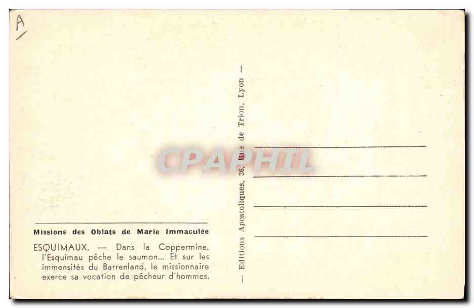 CPA Polaire Amerique du Nord Mission des Oblats de Marie immaculee Esquimaux Chasse — Rückseite