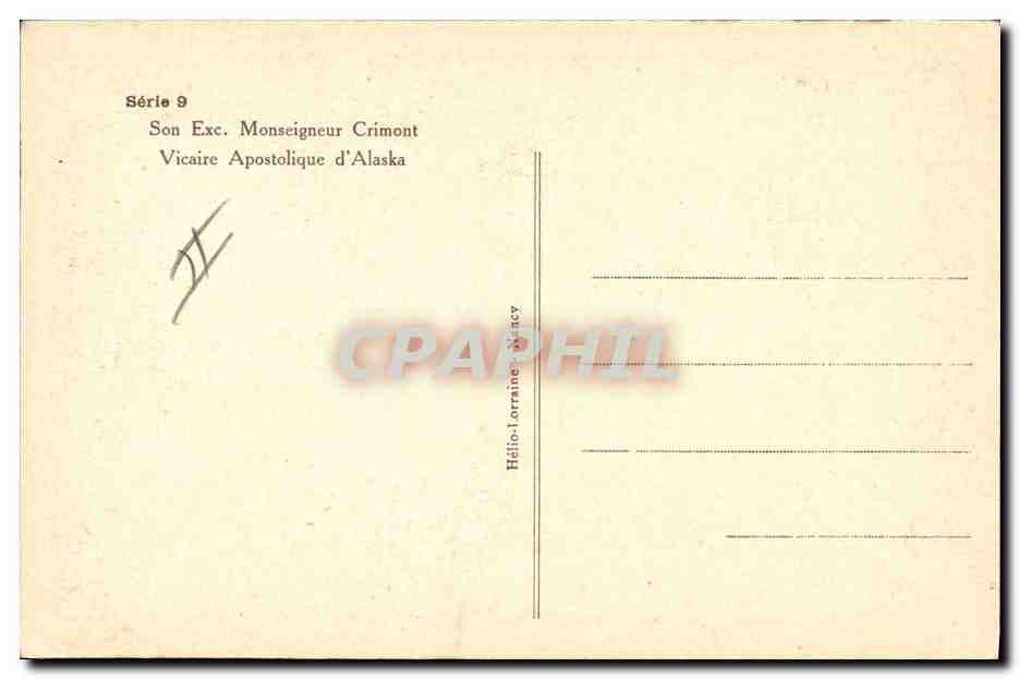 CPA Polaire Amerique du Nord Son ex Monseigneur Crimont Vicaire apostolique d'Alasak Chien — Rückseite