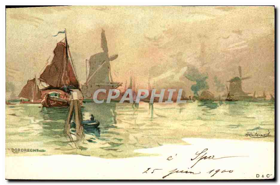 CPA Fantaisie Illustrateur Dordrecht Bateaux Moulin a vent