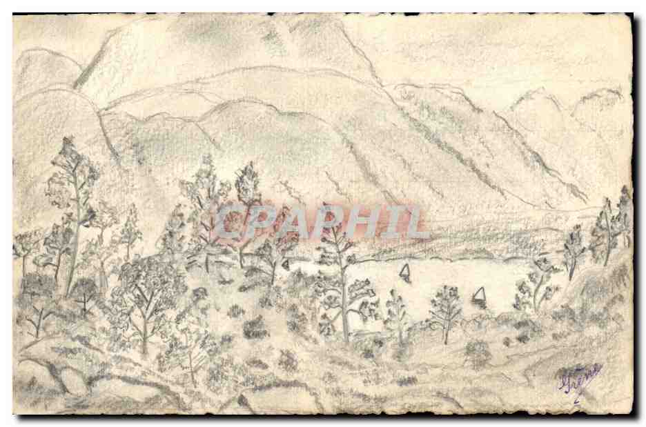 CPA (dessin la main) Paysage de montagne