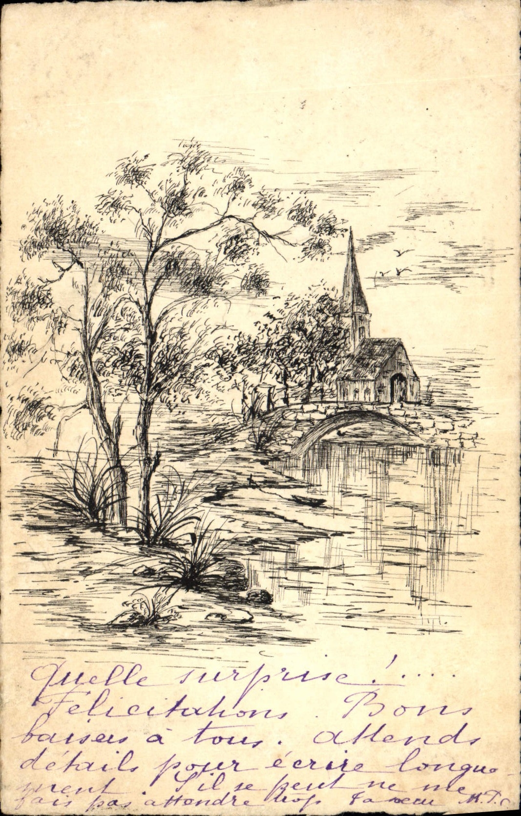 CPA (dessin la main) Village