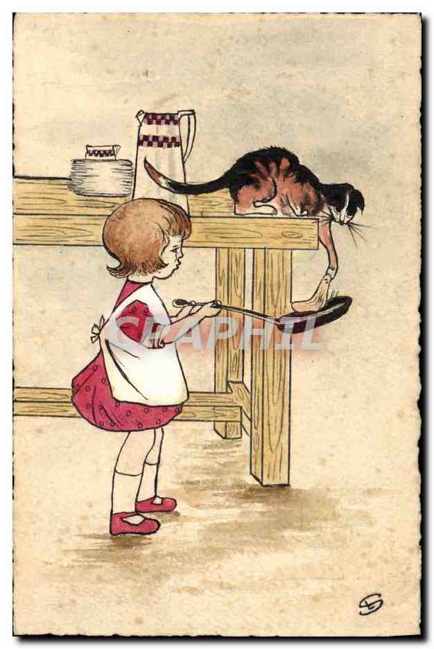 CPA (dessin la main) Enfant Faisant des crepes Chat