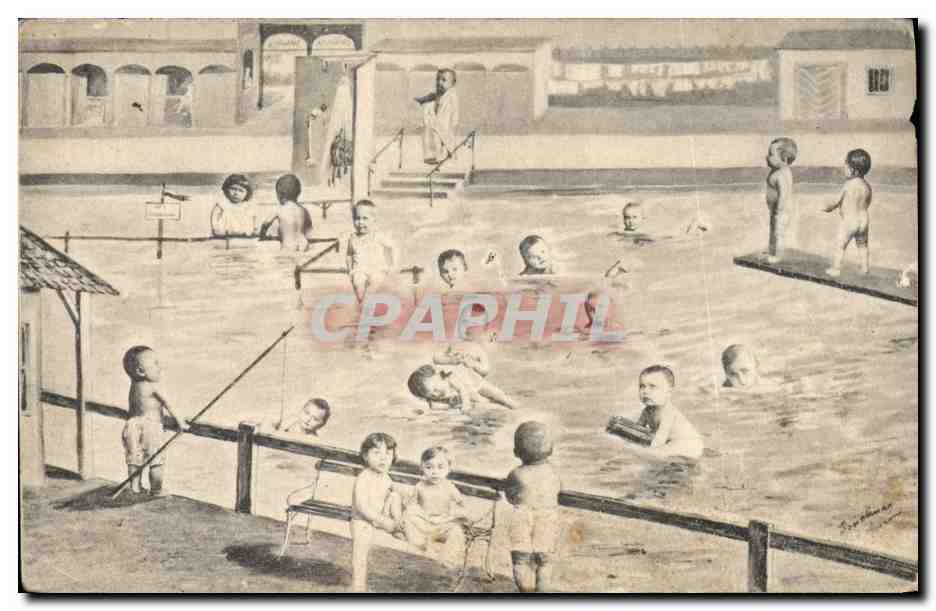 Tarjeta postal antigua Fantasía Niños Bebés Piscina