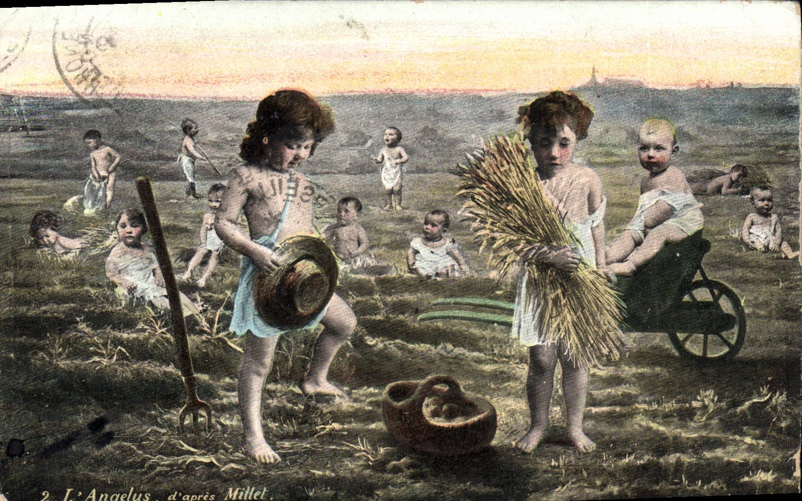 CPA Fantaisie Enfants Bebes L'angelus d'apres Millet