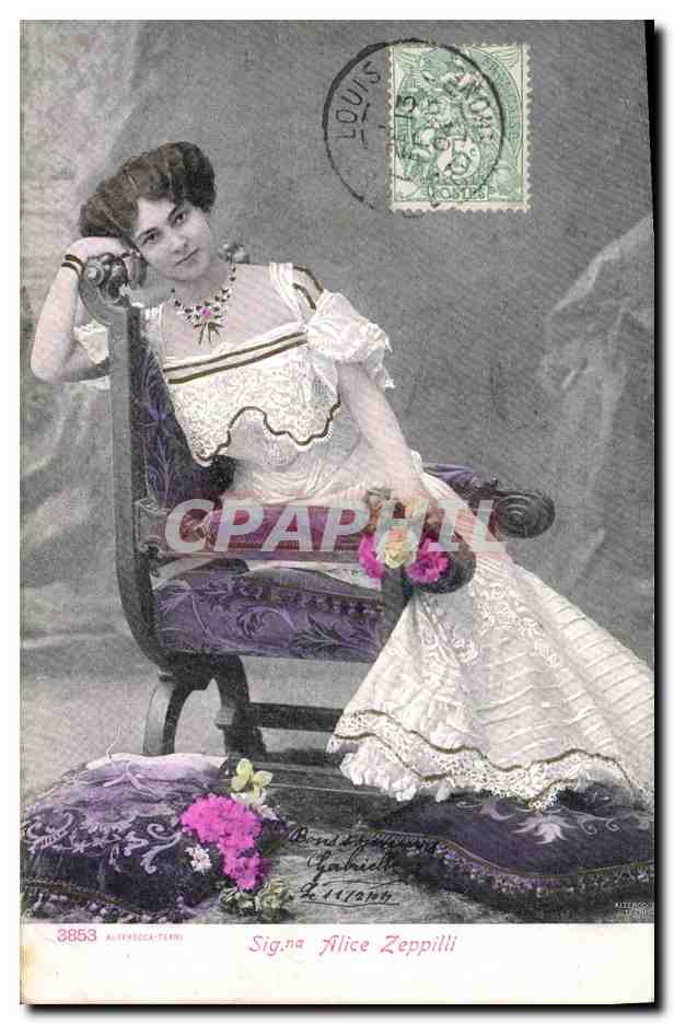 Sig.na Alice Zeppilli — portrait féminin en robe blanche — éditeur Gabrielli, série 3853