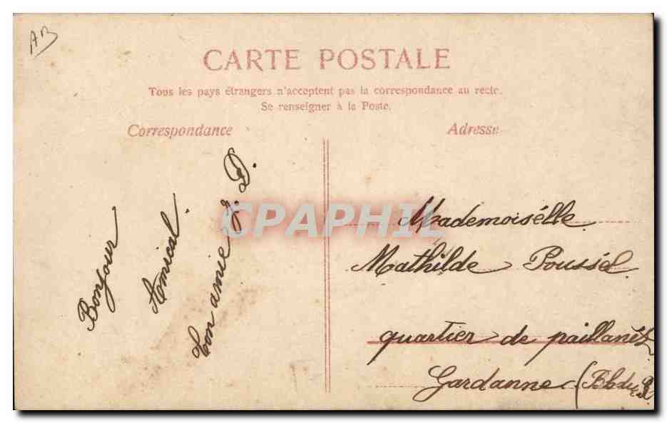Jeune femme en robe ornée — éditeur M. 1826 — timbre vert 1907 — Verso