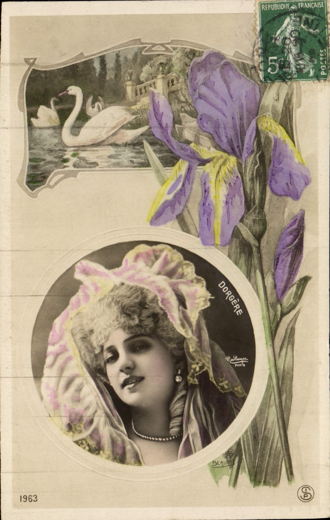 Portrait de femme — iris et cygnes — éditeur Paillanger, n° 1963